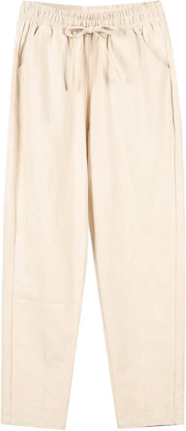 Wide Leg Pants for Women Summer Casual Drawstring Elastic Waist Cropped Pants Cotton Linen Trousers with Pockets