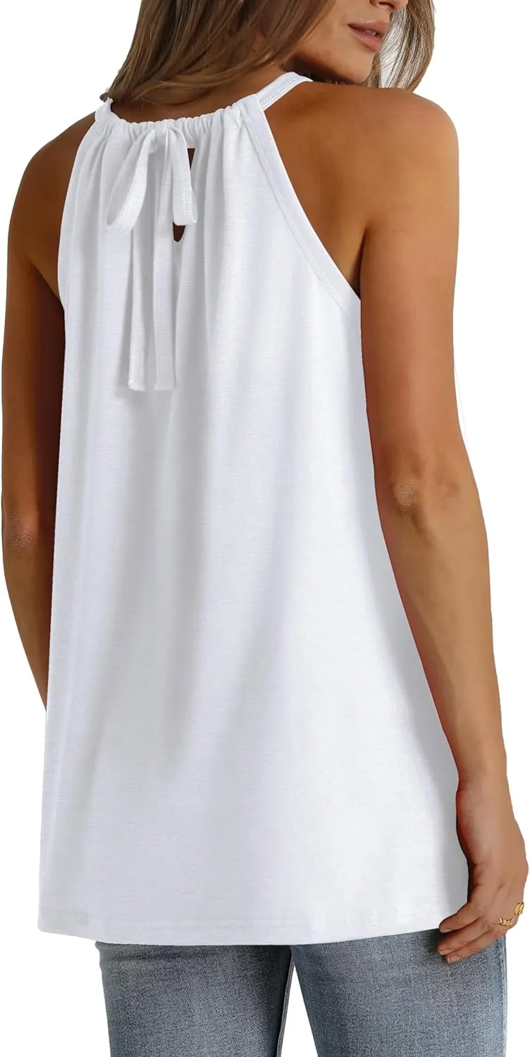 WIHOLL Summer Halter Neck Tank Tops for Women Pleated Loose Fit Sleeveless Tops Flowy