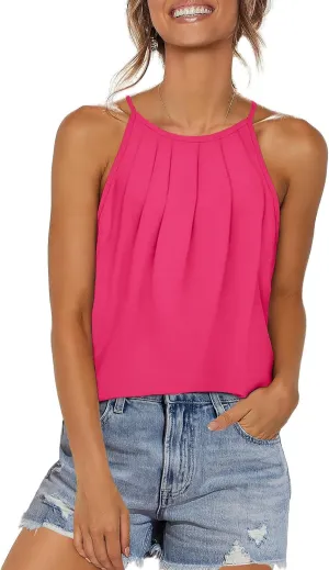 WIHOLL Womens Pleated Tank Tops Spaghetti Strap Camisole Halter Tops Curved Hem Fashion 2025