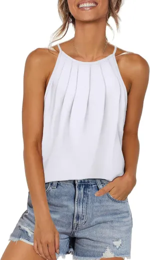 WIHOLL Womens Pleated Tank Tops Spaghetti Strap Camisole Halter Tops Curved Hem Fashion 2025