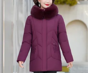 Winter Women Casual Middle-Aged Down Jacket Hooded Fur Collar Thick Warm Cotton Padded Coat For Mother