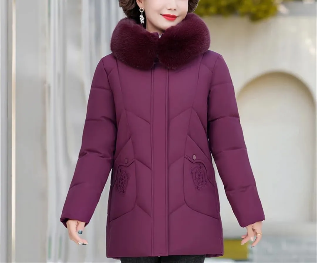 Winter Women Casual Middle-Aged Down Jacket Hooded Fur Collar Thick Warm Cotton Padded Coat For Mother