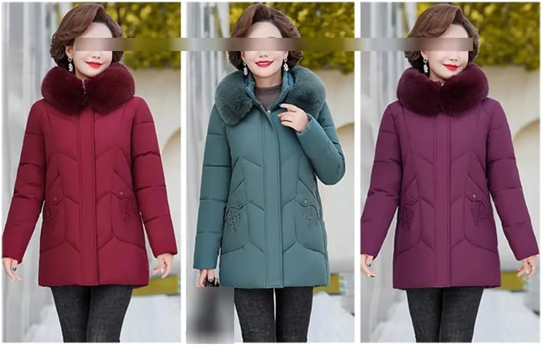 Winter Women Casual Middle-Aged Down Jacket Hooded Fur Collar Thick Warm Cotton Padded Coat For Mother