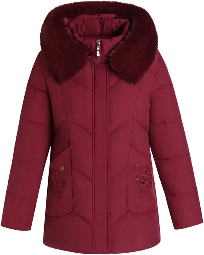 Winter Women Casual Middle-Aged Down Jacket Hooded Fur Collar Thick Warm Cotton Padded Coat For Mother