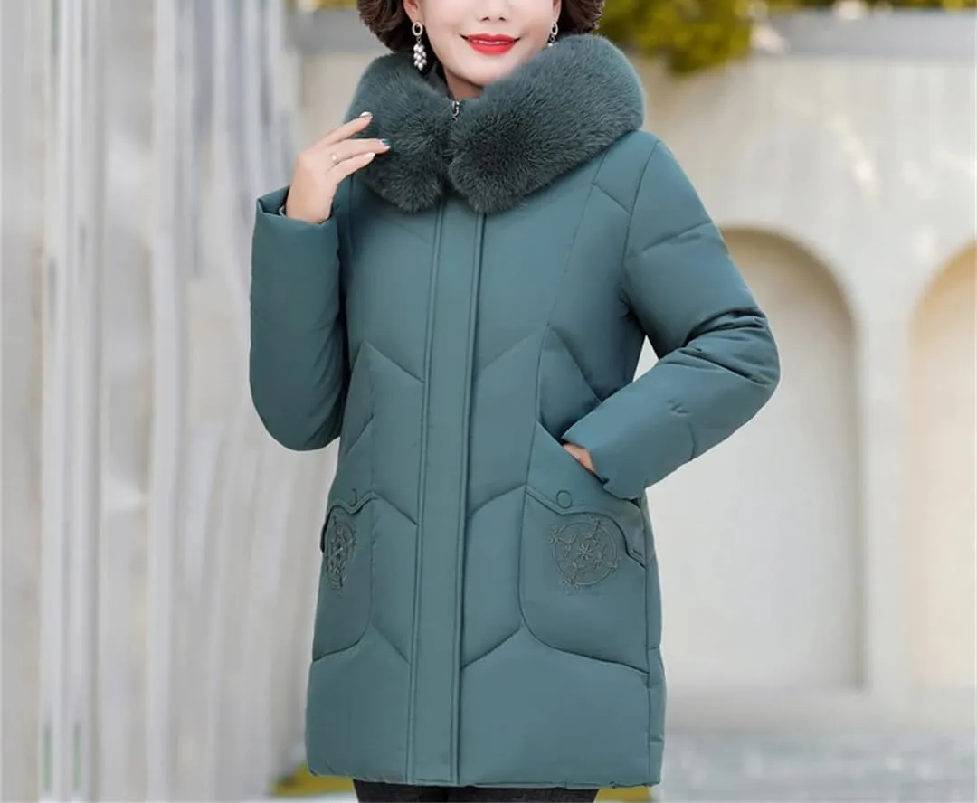 Winter Women Casual Middle-Aged Down Jacket Hooded Fur Collar Thick Warm Cotton Padded Coat For Mother