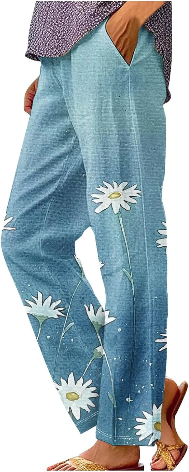 Wirziis 2024 Linen Pants Women Summer Straight Leg Cropped Pants Plus Size Elastic Waisted Slack Casual Trousers with Pockets