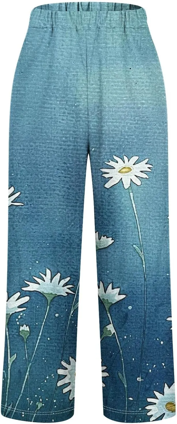 Wirziis 2024 Linen Pants Women Summer Straight Leg Cropped Pants Plus Size Elastic Waisted Slack Casual Trousers with Pockets