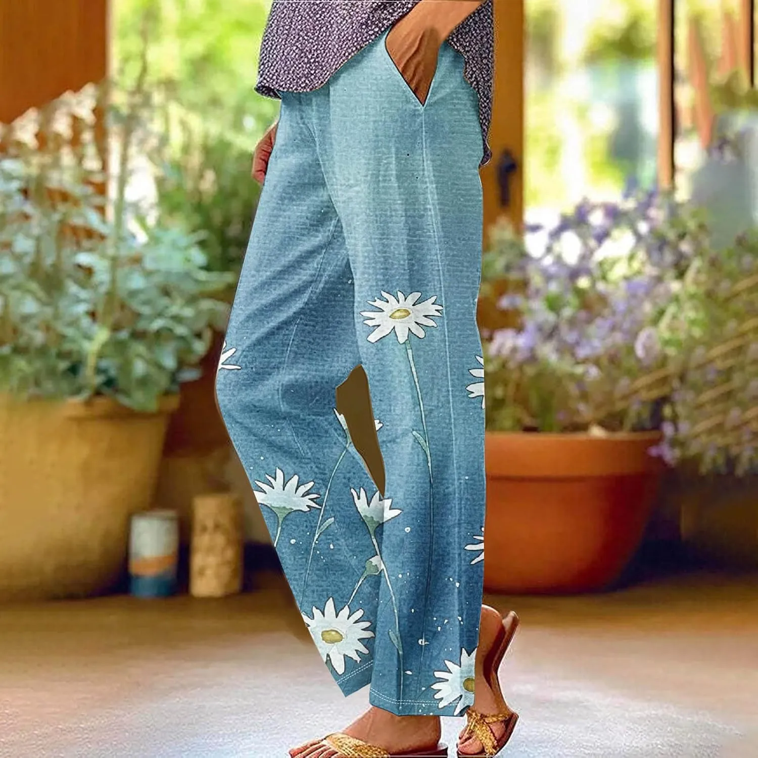 Wirziis 2024 Linen Pants Women Summer Straight Leg Cropped Pants Plus Size Elastic Waisted Slack Casual Trousers with Pockets