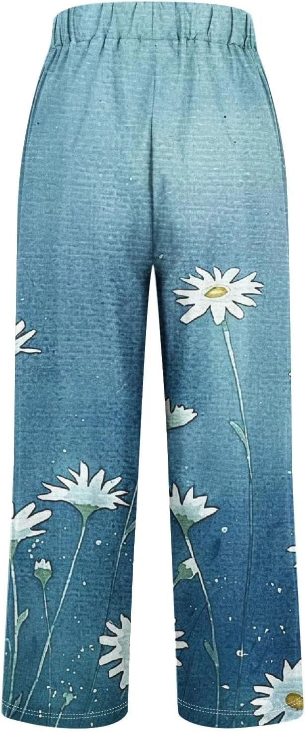Wirziis 2024 Linen Pants Women Summer Straight Leg Cropped Pants Plus Size Elastic Waisted Slack Casual Trousers with Pockets