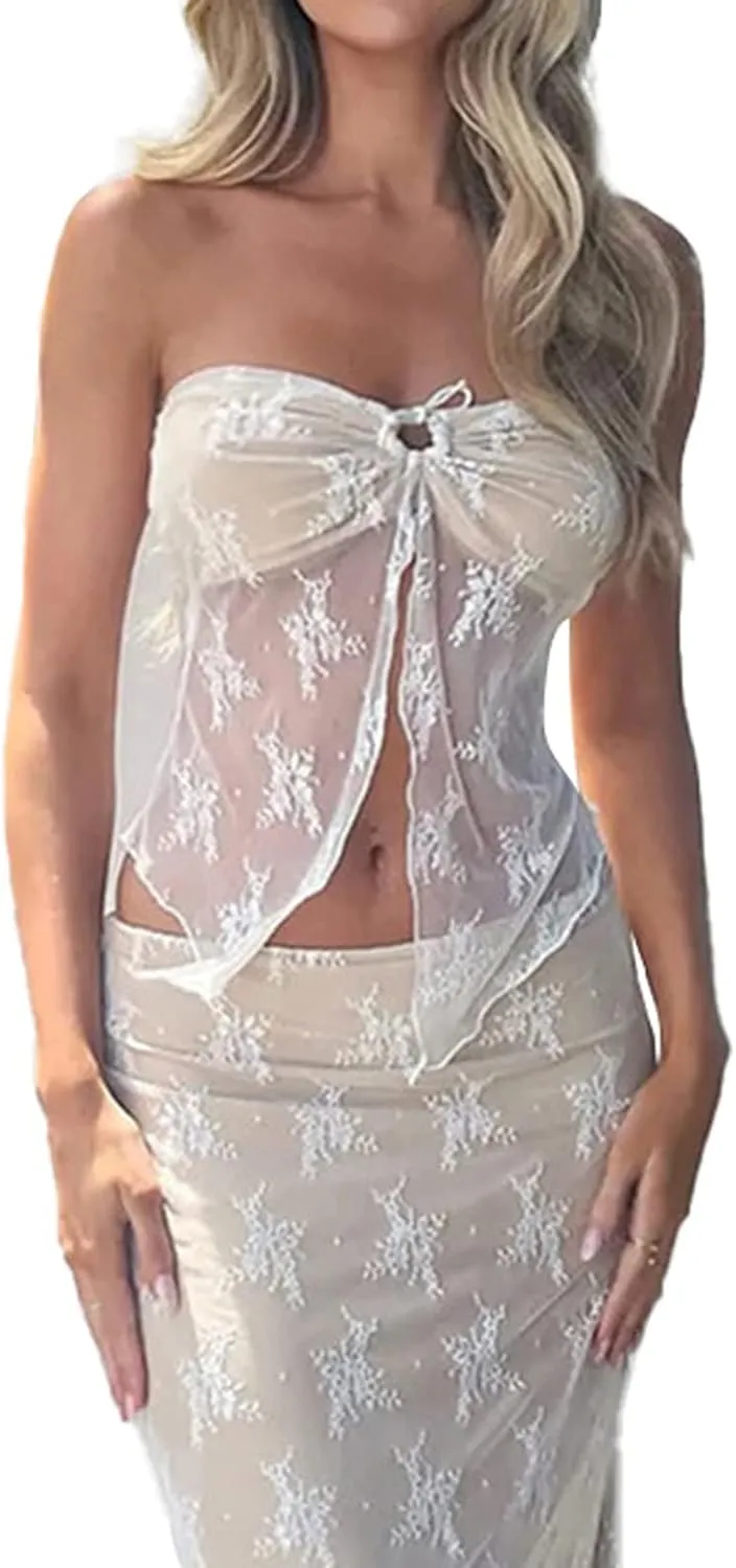 Women 2 Piece Maxi Skirt Set Sexy See Through Lace Strapless Tank Tops Bodycon Long Maxi Skirt Streetwear