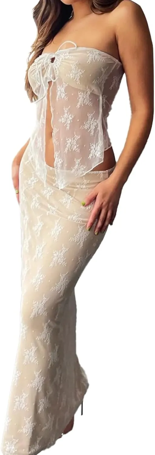 Women 2 Piece Maxi Skirt Set Sexy See Through Lace Strapless Tank Tops Bodycon Long Maxi Skirt Streetwear