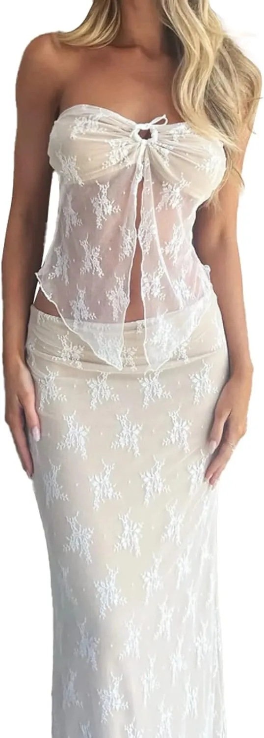 Women 2 Piece Maxi Skirt Set Sexy See Through Lace Strapless Tank Tops Bodycon Long Maxi Skirt Streetwear