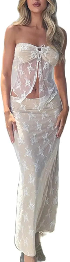 Women 2 Piece Maxi Skirt Set Sexy See Through Lace Strapless Tank Tops Bodycon Long Maxi Skirt Streetwear
