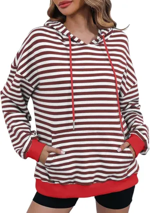 Women 2024 Striped Hoodies Sweatshirt Drawstring Cute Pullover Sweatshirts Long Sleeve Shirts Tops Trendy Fall Clothes