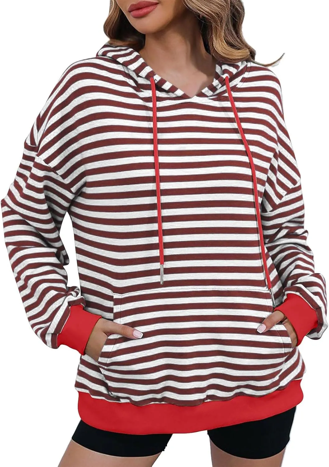 Women 2024 Striped Hoodies Sweatshirt Drawstring Cute Pullover Sweatshirts Long Sleeve Shirts Tops Trendy Fall Clothes