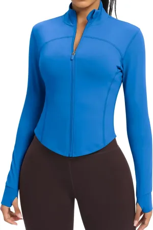 Women BBL Jacket Full Zip UP Workout Athletic Cropped Jacket wIth Thumb Holes Running Yoga Sportswear