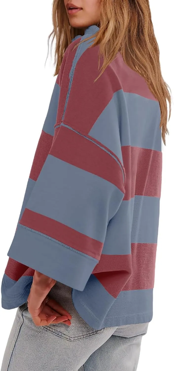 Women Color Block Oversized Sweatshirts Loose Fit Trendy Pullover Tops V Neck Cute Preppy Sweatshirts Y2K Fall Clothes