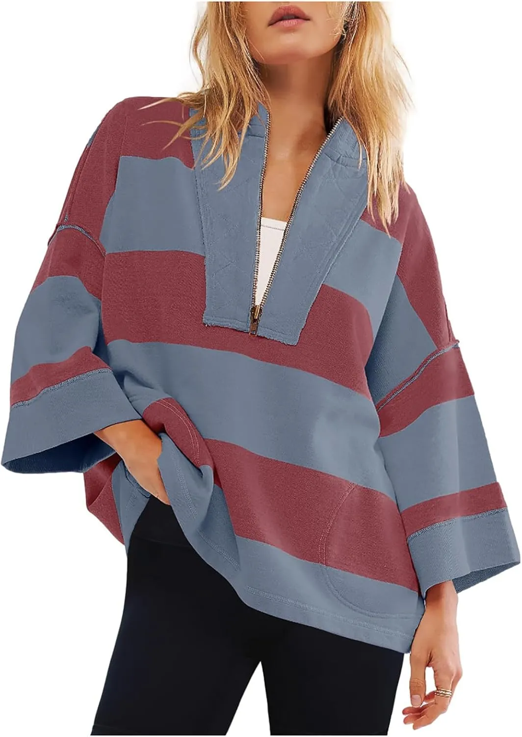 Women Color Block Oversized Sweatshirts Loose Fit Trendy Pullover Tops V Neck Cute Preppy Sweatshirts Y2K Fall Clothes