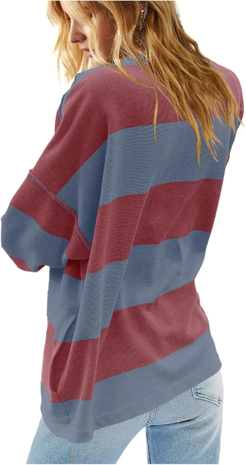 Women Color Block Oversized Sweatshirts Loose Fit Trendy Pullover Tops V Neck Cute Preppy Sweatshirts Y2K Fall Clothes