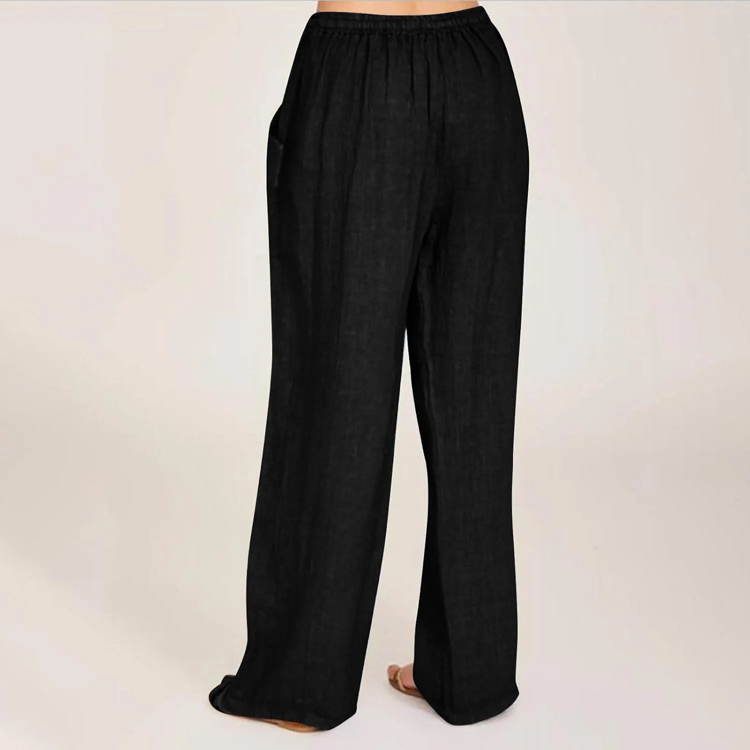 Women Cotton Linen Palazzo Pants Summer Flowy Wide Leg Trousers with Pockets High Waist Drawstring Beach Lounge Pants