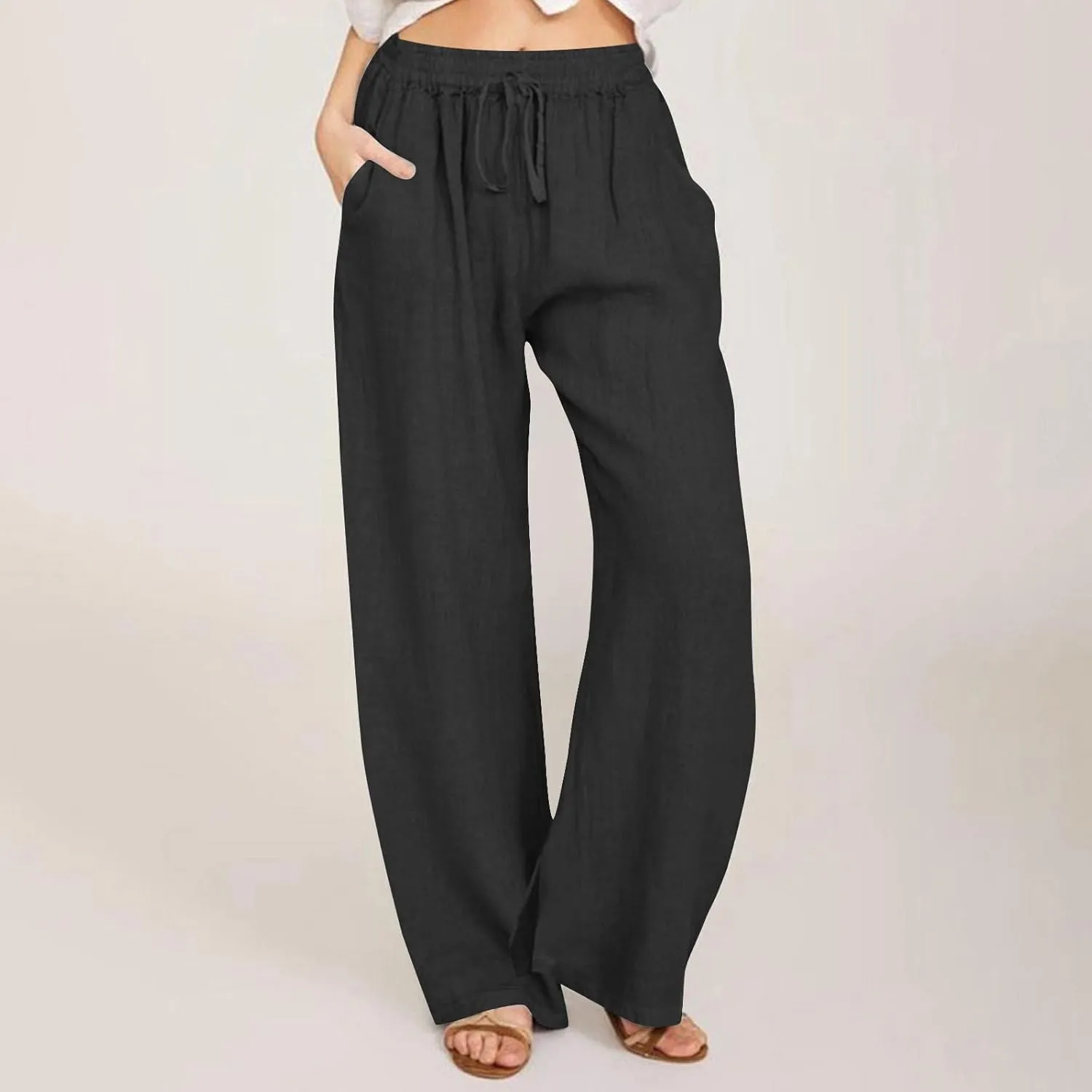 Women Cotton Linen Palazzo Pants Summer Flowy Wide Leg Trousers with Pockets High Waist Drawstring Beach Lounge Pants