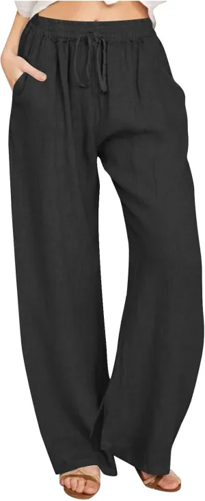 Women Cotton Linen Palazzo Pants Summer Flowy Wide Leg Trousers with Pockets High Waist Drawstring Beach Lounge Pants