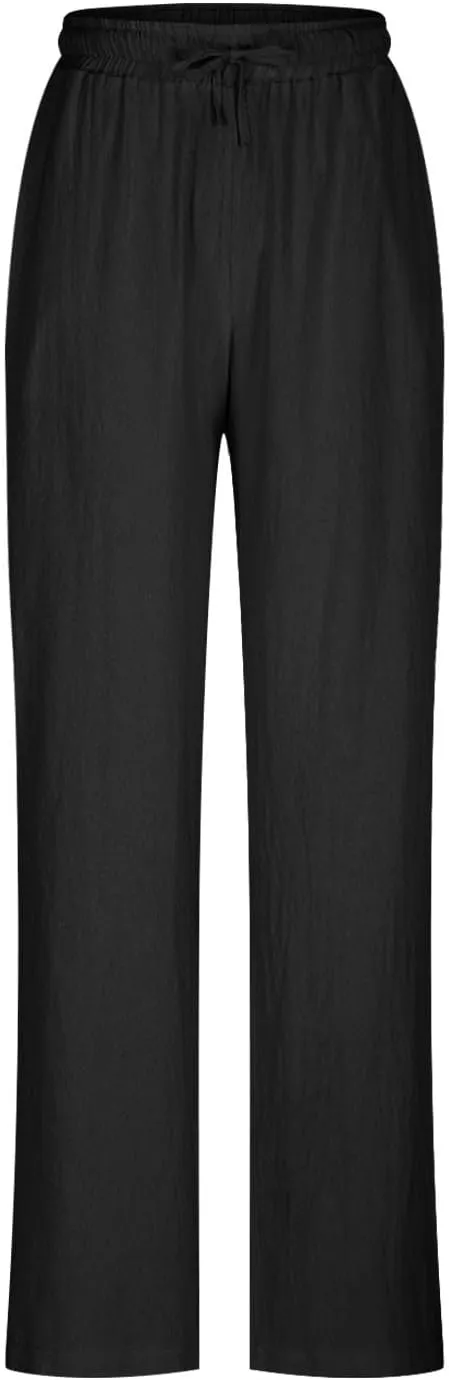 Women Cotton Linen Palazzo Pants Summer Flowy Wide Leg Trousers with Pockets High Waist Drawstring Beach Lounge Pants