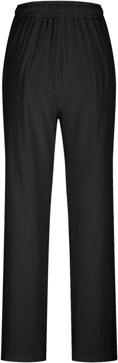 Women Cotton Linen Palazzo Pants Summer Flowy Wide Leg Trousers with Pockets High Waist Drawstring Beach Lounge Pants