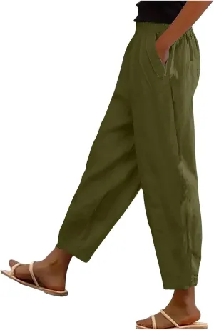 Women Cotton Linen Pant Solid Color Elastic Waist Slacks Straight Leg Comfy Pants Casual Lounge Trousers