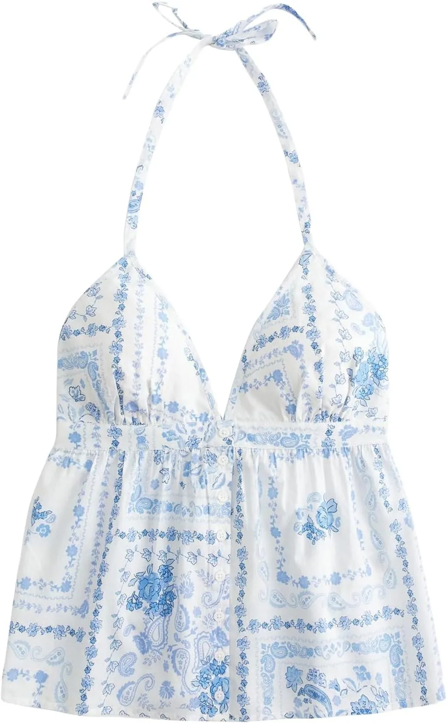 Women Floral Deep V Neck Halter Tops Sleeveless Button Down Backless A Line Camisole Ruffle A Line Babydoll Shirt