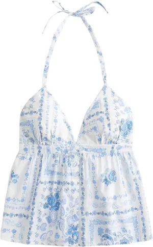 Women Floral Deep V Neck Halter Tops Sleeveless Button Down Backless A Line Camisole Ruffle A Line Babydoll Shirt