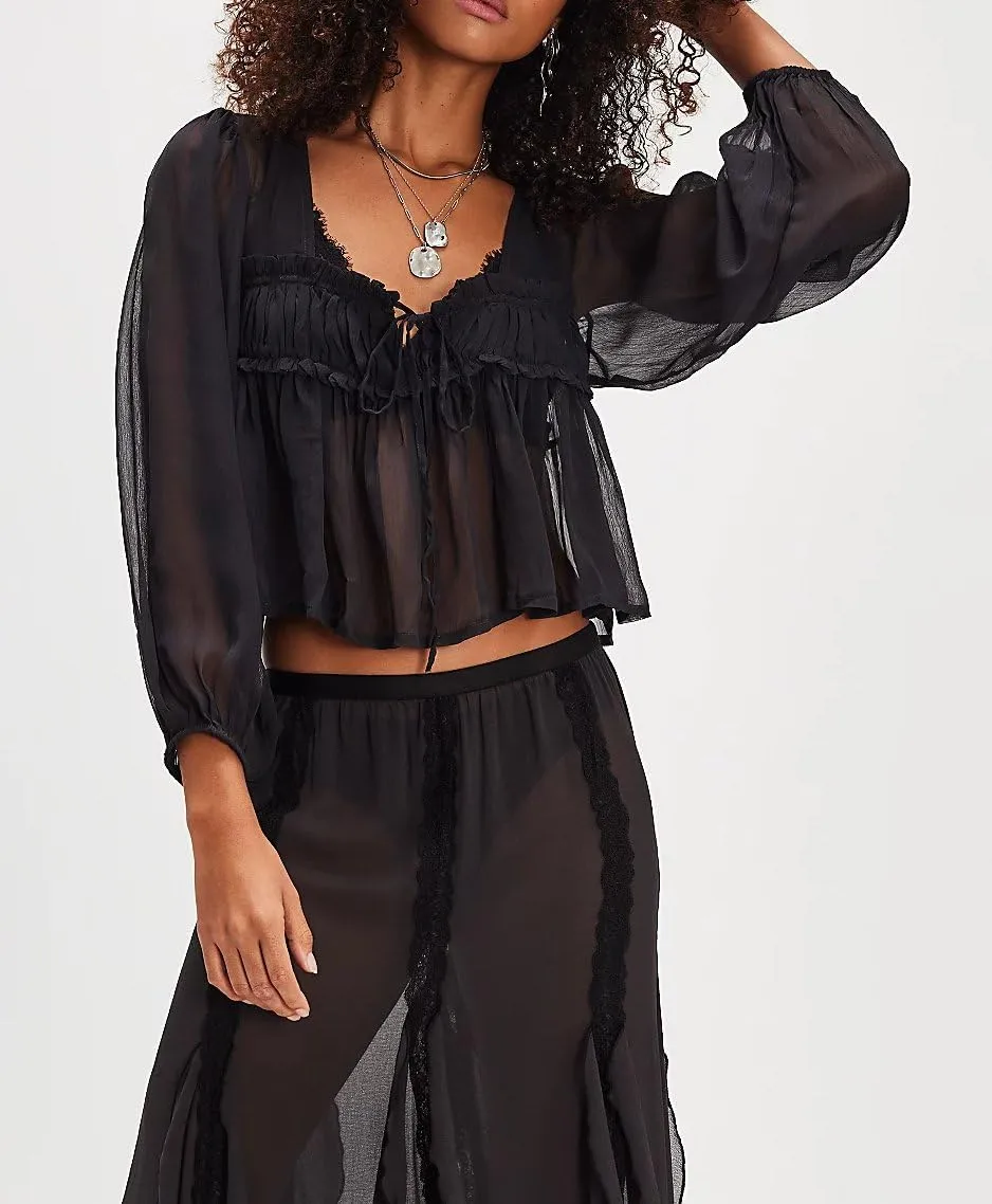 Women Lace Tie Front Top Y2k Coquette Long Sleeve Button Up Chiffon Cardigan Flowy Boho Peplum Shirt Going Out Tops