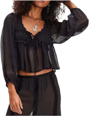 Women Lace Tie Front Top Y2k Coquette Long Sleeve Button Up Chiffon Cardigan Flowy Boho Peplum Shirt Going Out Tops