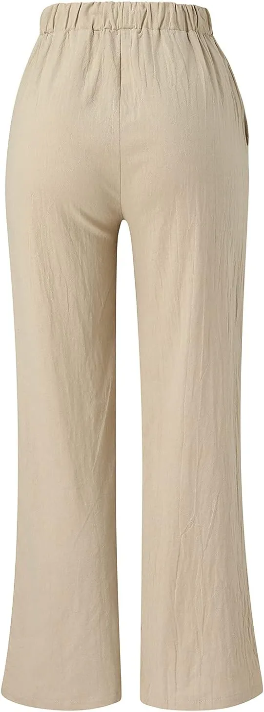 Women Linen Cotton Summer Pants Casual Baagy Palazzo Trousers Drawstring Elastic Waist Straight Wide Leg Pants with Pockets