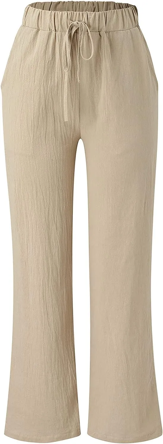 Women Linen Cotton Summer Pants Casual Baagy Palazzo Trousers Drawstring Elastic Waist Straight Wide Leg Pants with Pockets