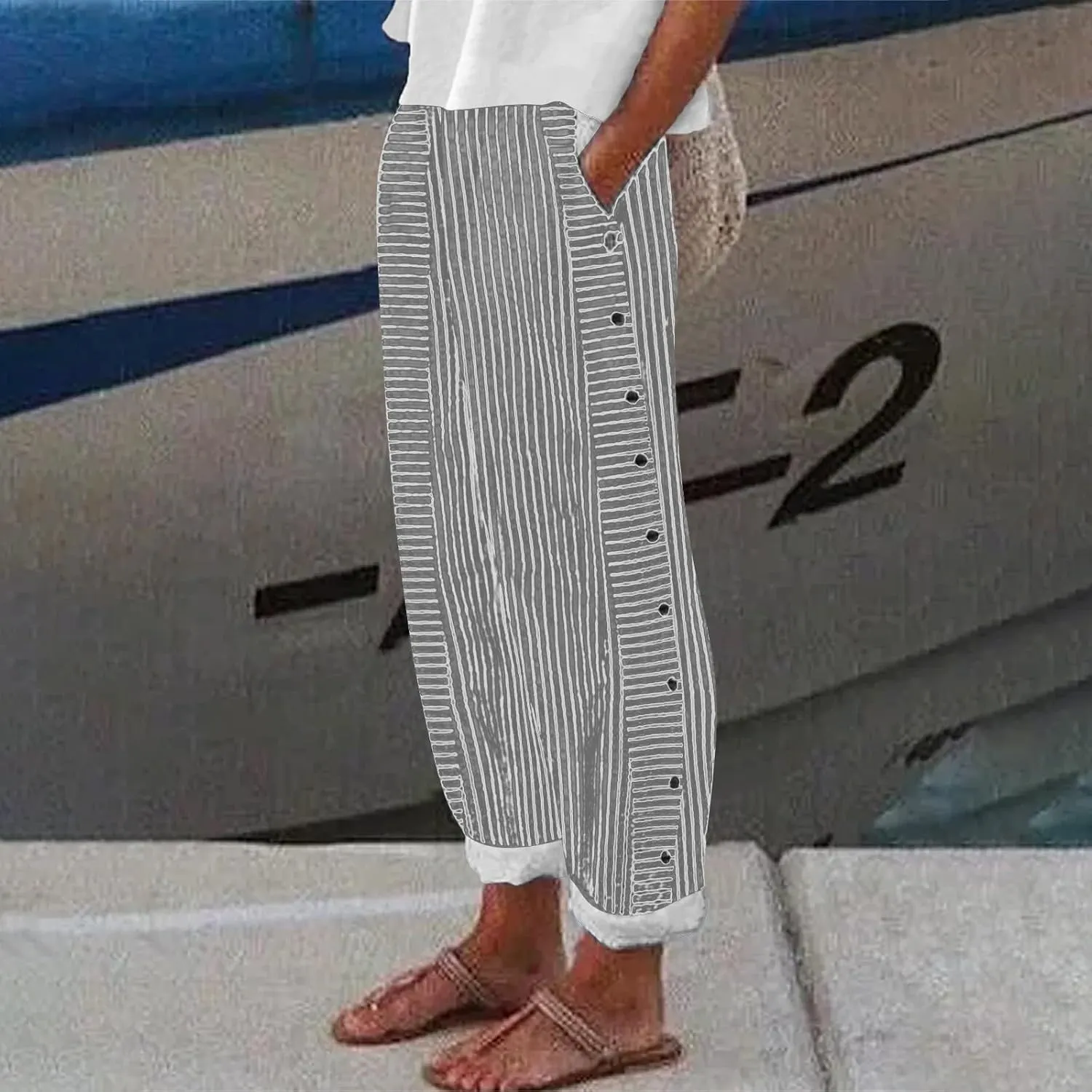 Women Linen Pants Casual Loose Elastic Waist Side Back Four Pockets 9/10 Pants Summer Beach Vacation Clothes for