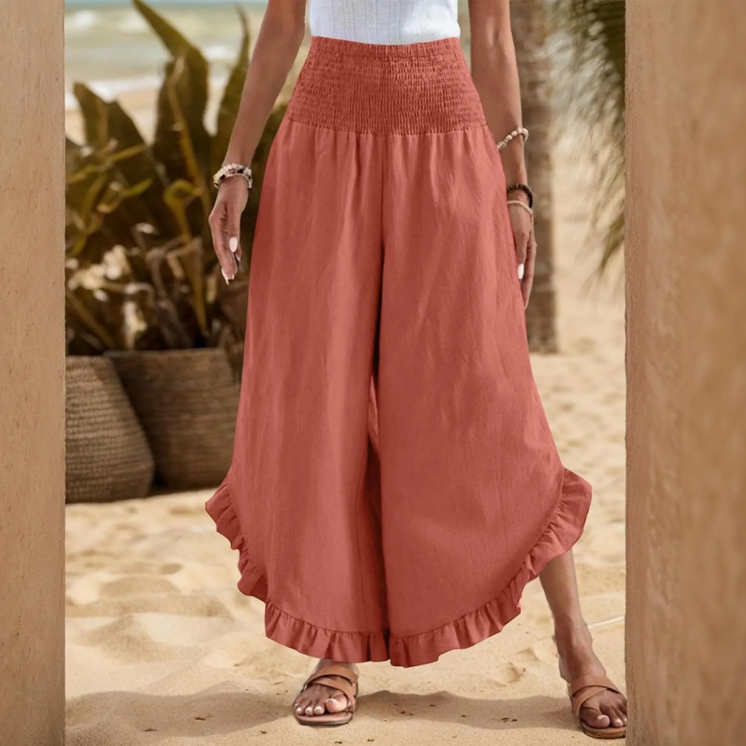 Women Linen Pants Summer Wide Leg Pants Smocked Waist Ruffle Hem Palazzo Pant Boho Flowy Beach Pant with Pocket