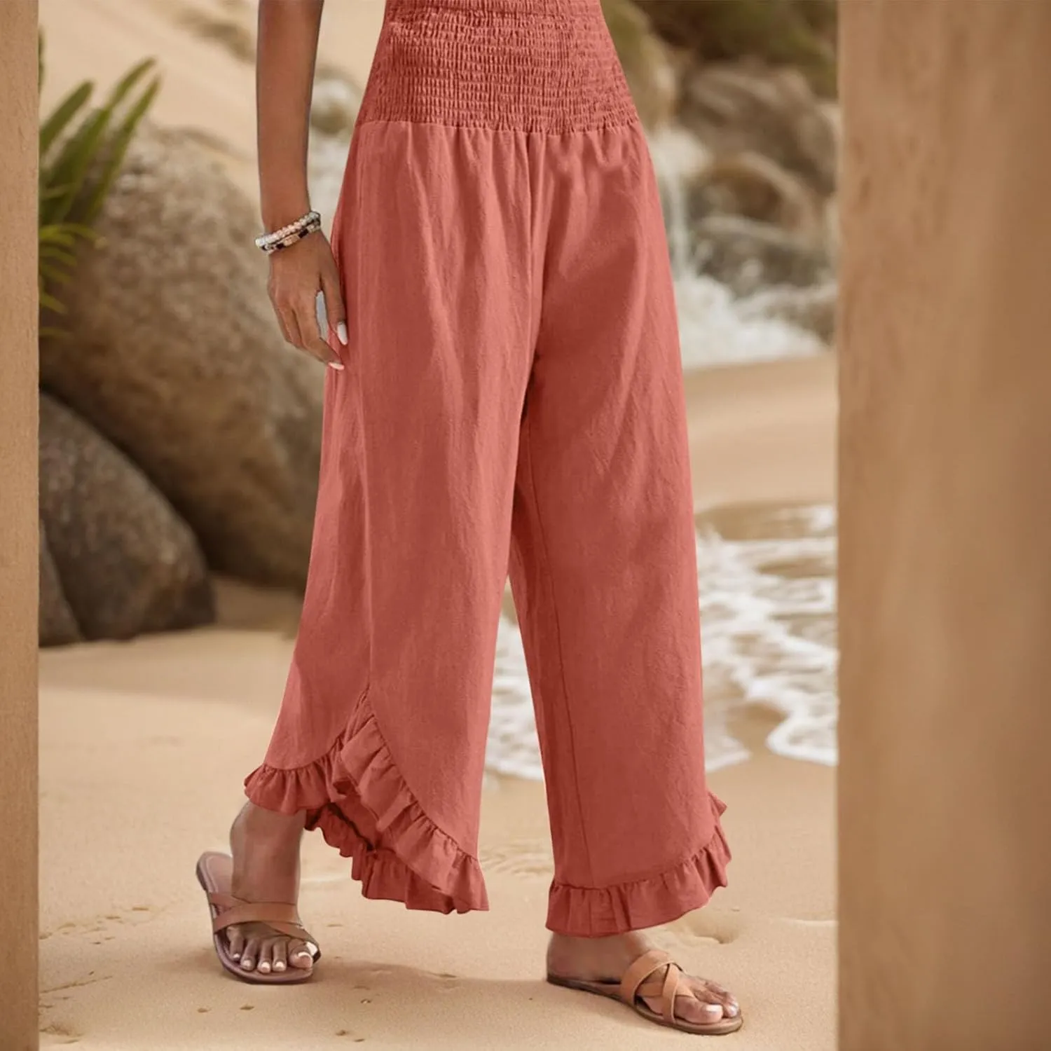 Women Linen Pants Summer Wide Leg Pants Smocked Waist Ruffle Hem Palazzo Pant Boho Flowy Beach Pant with Pocket