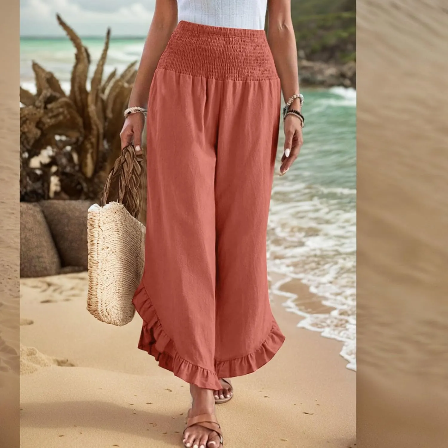 Women Linen Pants Summer Wide Leg Pants Smocked Waist Ruffle Hem Palazzo Pant Boho Flowy Beach Pant with Pocket