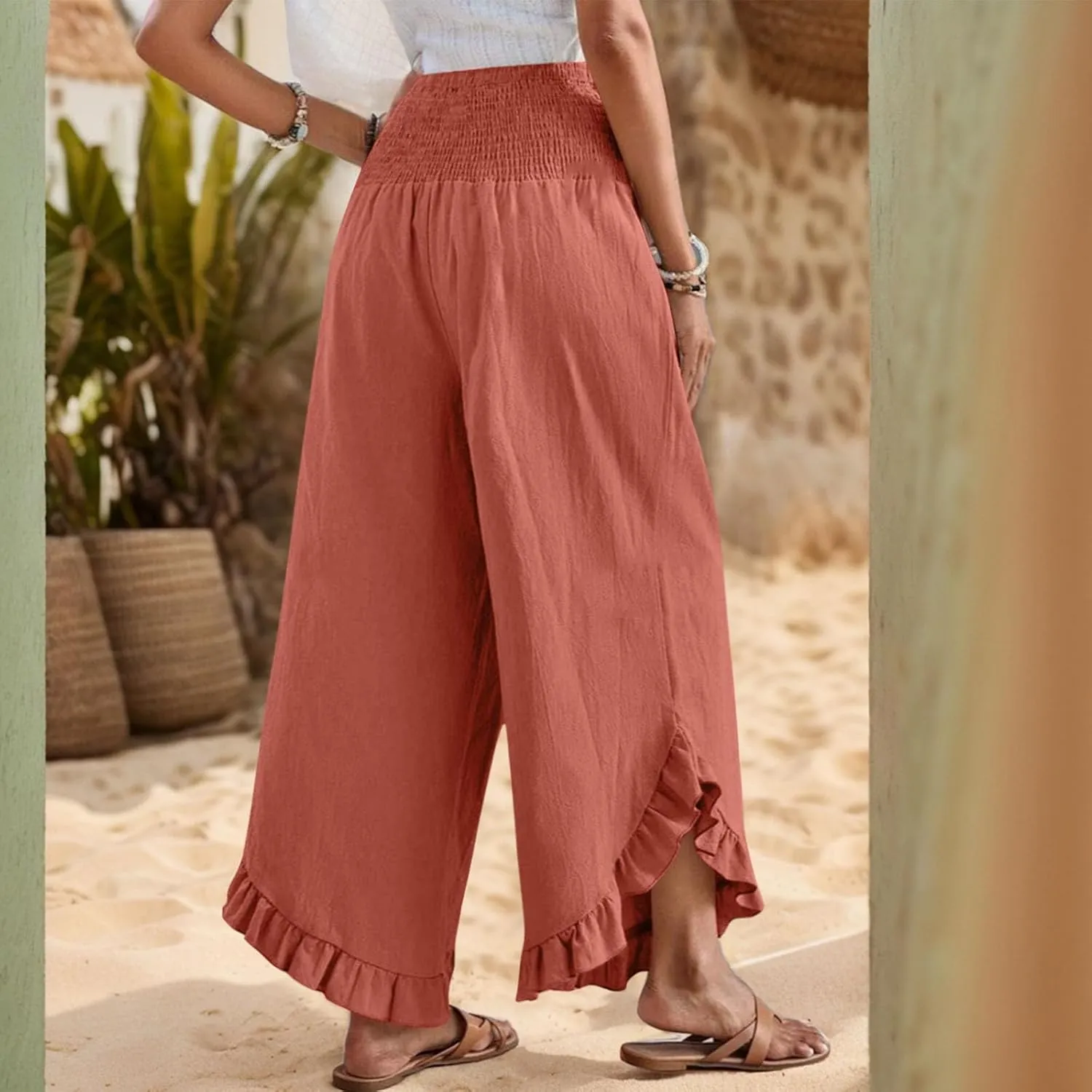 Women Linen Pants Summer Wide Leg Pants Smocked Waist Ruffle Hem Palazzo Pant Boho Flowy Beach Pant with Pocket