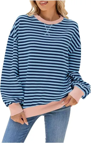 Women Long Sleeve Oversized Sweatshirts Striped Colors Block Pullover Tops Comfort Crewneck Hoodies Trendy Clothes