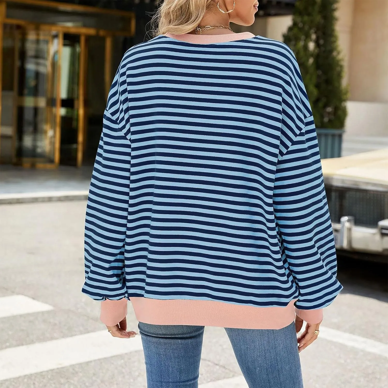 Women Long Sleeve Oversized Sweatshirts Striped Colors Block Pullover Tops Comfort Crewneck Hoodies Trendy Clothes