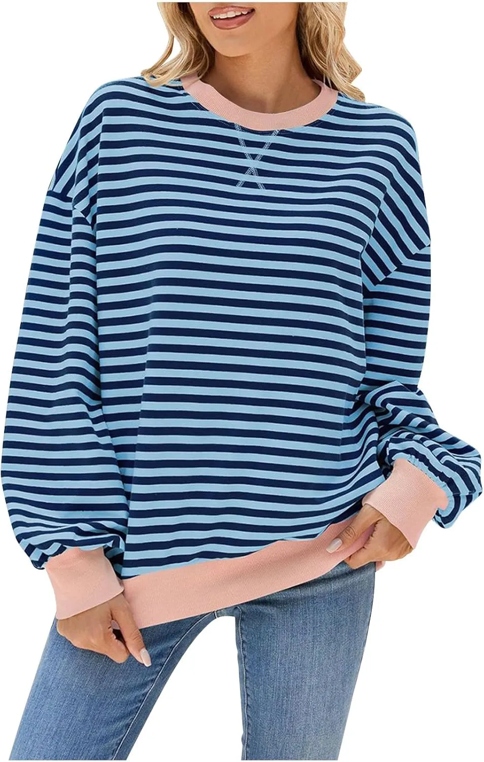 Women Long Sleeve Oversized Sweatshirts Striped Colors Block Pullover Tops Comfort Crewneck Hoodies Trendy Clothes