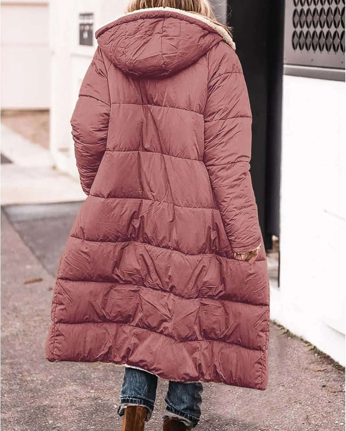 Women Long Winter Jacket Oversize Thicken Warm Stylish Hoodie Down Coat Sherpa Fleece Lined Reversible Puffer Jacket