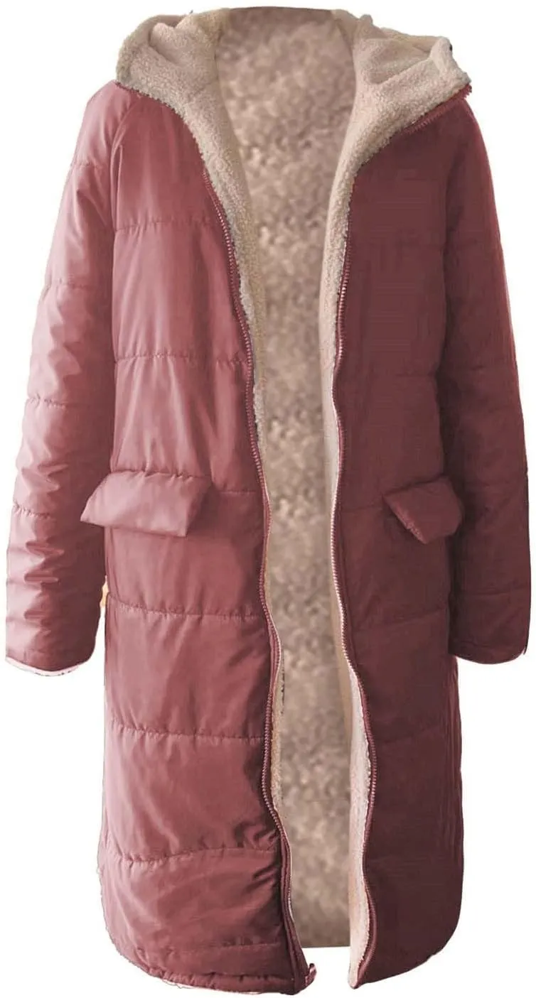 Women Long Winter Jacket Oversize Thicken Warm Stylish Hoodie Down Coat Sherpa Fleece Lined Reversible Puffer Jacket