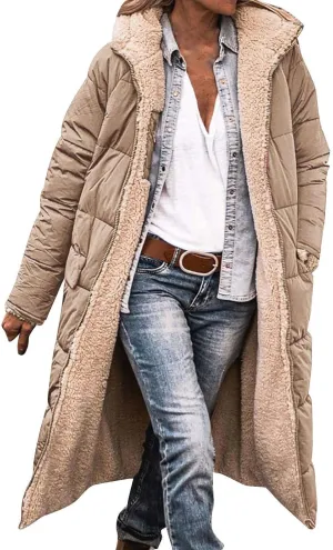 Women Long Winter Jacket Oversize Thicken Warm Stylish Hoodie Down Coat Sherpa Fleece Lined Reversible Puffer Jacket