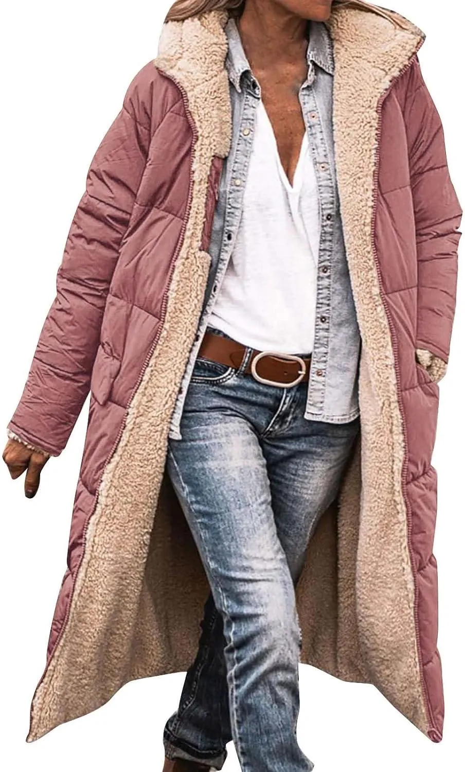 Women Long Winter Jacket Oversize Thicken Warm Stylish Hoodie Down Coat Sherpa Fleece Lined Reversible Puffer Jacket
