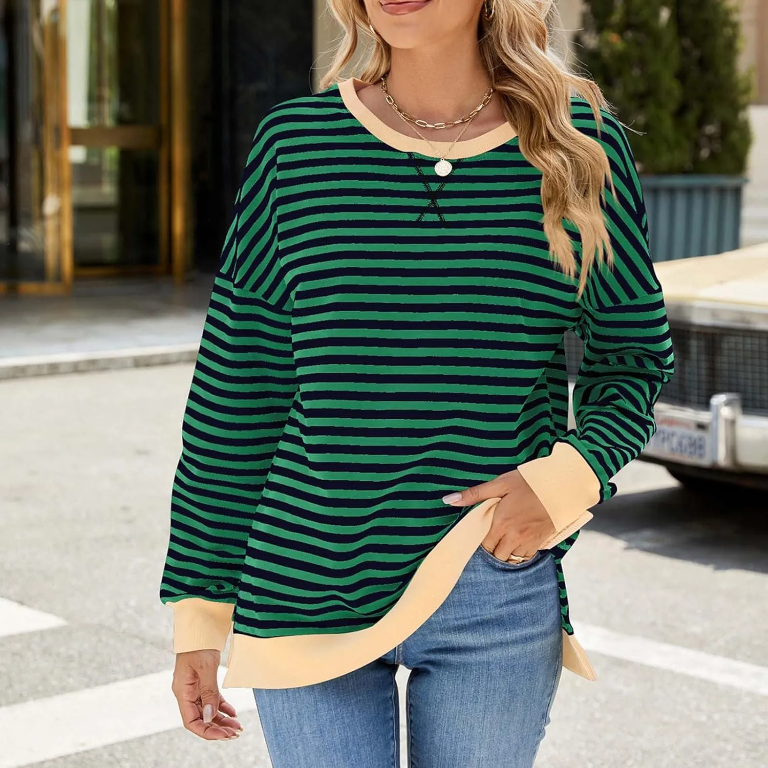 Women Oversized Striped Sweatshirts Color Block Long Sleeve Hoodies Crew Neck Loose Fit Tops Casual Pullover Y2K Top