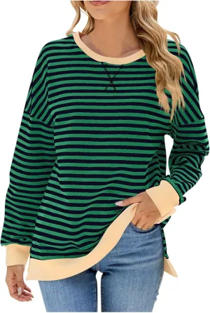 Women Oversized Striped Sweatshirts Color Block Long Sleeve Hoodies Crew Neck Loose Fit Tops Casual Pullover Y2K Top