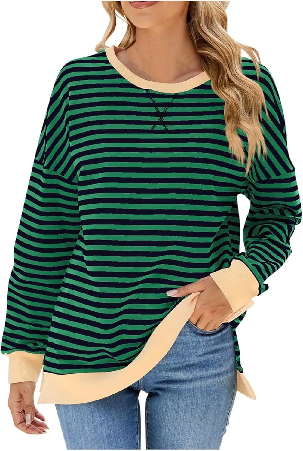 Women Oversized Striped Sweatshirts Color Block Long Sleeve Hoodies Crew Neck Loose Fit Tops Casual Pullover Y2K Top
